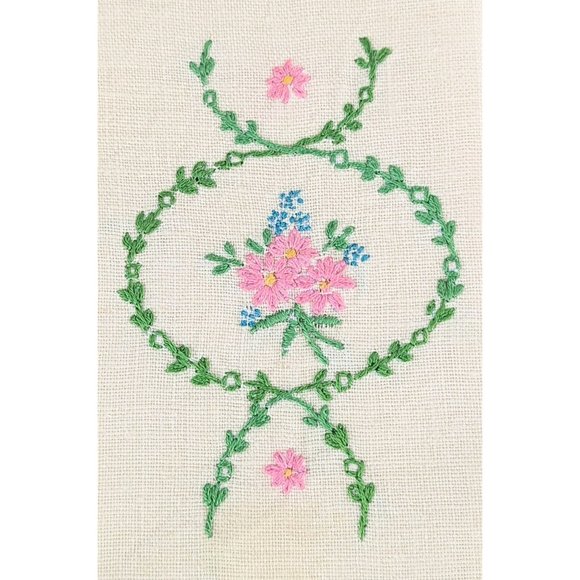 Pair of Embroidered Linen Tea Towels Vintage Cream Linen Hand Towels Pink Floral - Picture 7 of 10